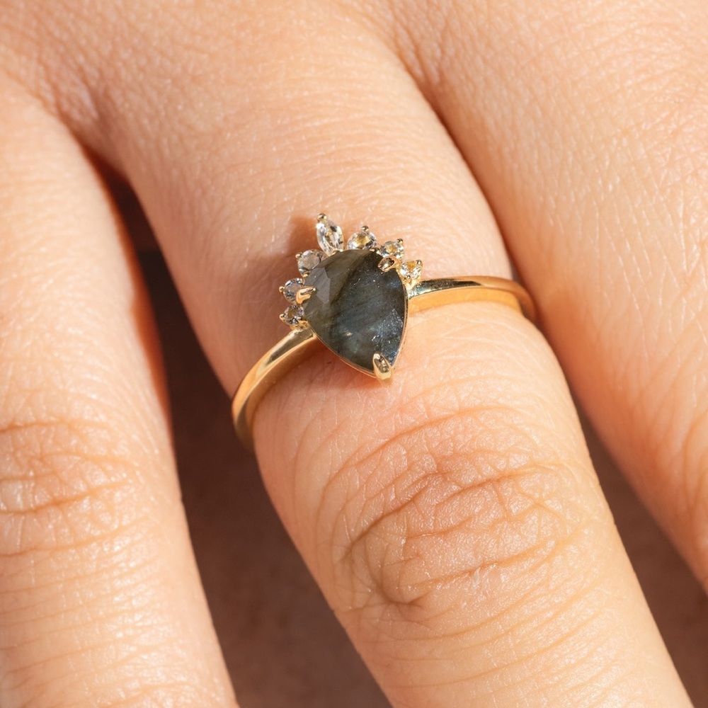 LOCAL ECLECTIC Solid Gold Labradorite Pear Dew Drop Moissanite Halo Dainty Ring - Picture 9 of 9